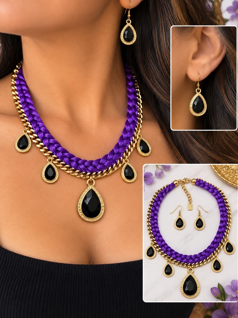 Gold & Purple Braided Necklace Set with Black Teardrop Pendants